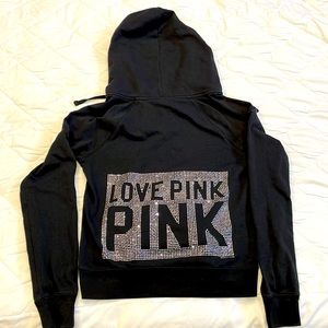RARE bling/holo Victoria Secret Pink Love Pink black zip-up hoodie, rhinestonesz